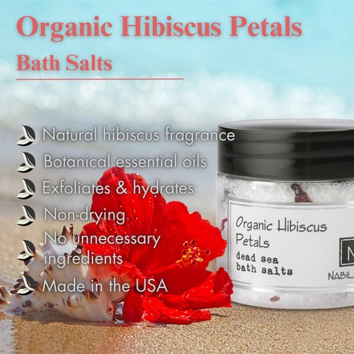 Nabila K Organic Bath Salts - Dead Sea Salt & Epsom Salt Scrub & Bath Soak - Exfoliates & Hydrates The Skin - Botanical Essential Oils & Extracts - Hibiscus Petals - 9.5 oz