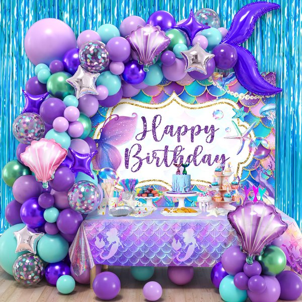 SNLN 140Pcs Mermaid Party Decorations Birthday Supplies for Girls Kids Mermaid Balloon Arch Backdrop Tablecloth Fringe Curtain Tail Shell Star Foil Balloon, Princess Little Mermaid Party Decorations
