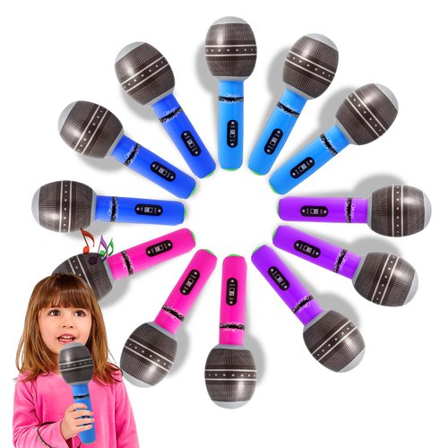 Novelty Place 12Pc Inflatable Microphone for Kids - Giant Blow Up Microphone Assorted Colors, Rock Star Inflatable Microphone Props for 80s 90s Musical Concert Themed Party Favors(10 Inches)