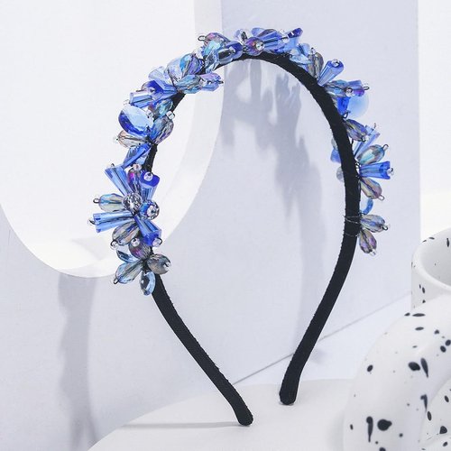 Formery Blue Crystals Flower Headband Black AB Crystal Beads Hair Band Party Prom Wedding Handmade Floral Beaded Hair Accessories for Women and Girls