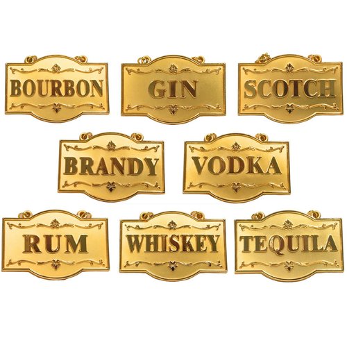 Amlong Plus Deluxe Set of Liquor Tags for Bottles or Decanters, Golden Color, Set of 8 with Adjustable Chain Features (Bourbon, Brandy, Gin, Rum, Scotch, Tequila, Vodka, and Whiskey)
