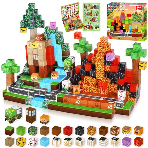 Goody King Dinosaur Volcano Magnetic Block World |100PCS Dinosaur Magnetic Block Cubes,STEM Montessori Sensory Toys for Toddlers Kids Boys Girls Ages 3-5 6-8 Christmas Birthday Gifts