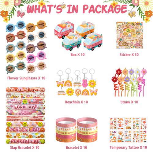 DMIGHT 120PCS Groovy Party Favors,Includes Bus Boxes Retro Flower Sunglasses Temporary Tattoos Stickers Slap Bracelets Keychains Plastic Straws Silicone Bracelets For Boho Hippie Birthday Party