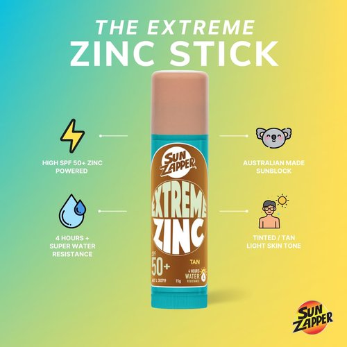 Sun Zapper (Tan) Extreme Zinc Stick - Tan Skin Tone Mineral Sunscreen Stick SPF50+ UVA/UVB+ Unbeatable Sun Protection Sunblock, Sun Cream Made in Australia