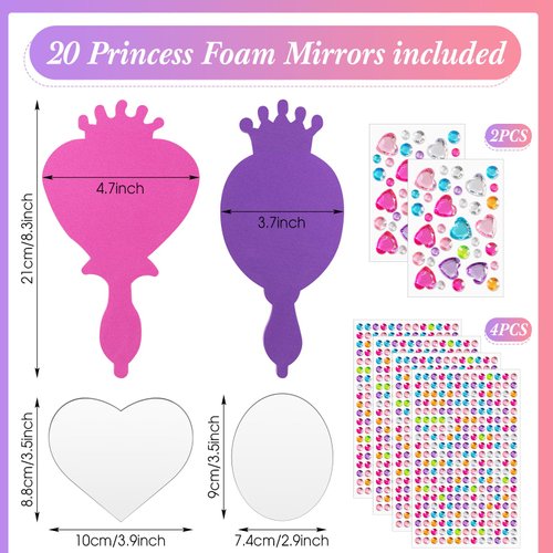 Geetery 20 Pcs Unbreakable Kids Mirror DIY Decorate Your Own Princess Mirror Mermaid Mirrors Princess Foam Mirrors Small Mirrors for Crafts Princess Party Decorations (Purple, Pink)