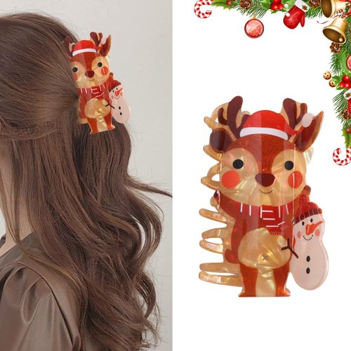 Christmas Hair Clips Brown Acrylic Hair Claw Clips Christmas Reindeer Design Claw Clips Cartoon Cute Hair Accessories Claw Clips for Women Girls Decorations 1PCS