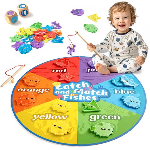 ARCTURINE Magnetic Fishing Game, Wooden Fishing Montessori Toys for Toddlers, Color and Shape Sorter Fine Motor Skill Toys Preschool Educational Gift for 3-5 Years Old Kids