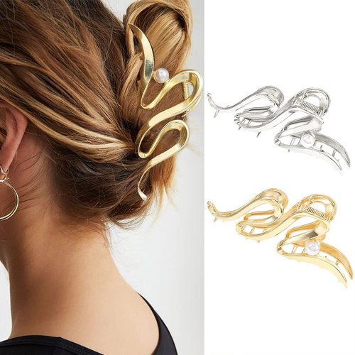Brinie Claw Hair Clips Gold Metal Hair Clamps Pearl Hair Claw Clips Stylish Hair Clips Nonslip Ha...