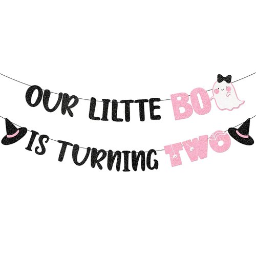 Pink Our Little Boo is Turning Two Banner for Halloween Birthday Party Decorations Halloween Birthday Banner Decorations for Girl Halloween 2nd Birthday Decorations for Girl