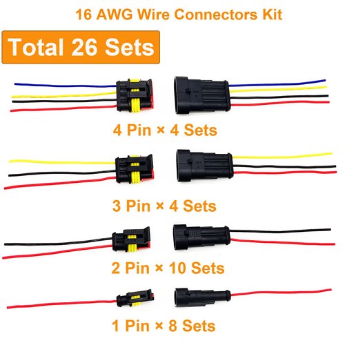 Twippo 16 AWG Waterproof Wire Connectors Automotive Electrical Connectors Quick Disconnect Wire Connectors 1/2/3/4 Pin with 16 Gauge Wire (26 Kits)