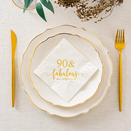 Crisky 90 and Fabulous Cocktail Napkins Gold for Women 90th Birthday Decorations, 90th Birthday Bevergae Dessert Cake Table Supplies, 50Pcs, 3-Ply