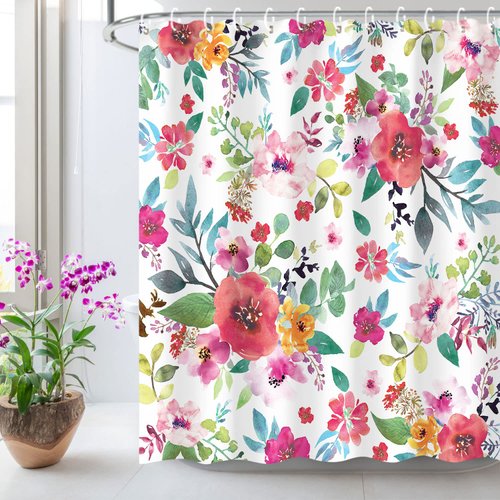 LIVILAN Floral Shower Curtain for Bathroom Flower Shower Curtain Watercolor Girls Shower Curtains Flowered Shower Curtain with Hooks Pink Floral Bathroom Decor Pink Shower Curtain, 72" W x 78" H