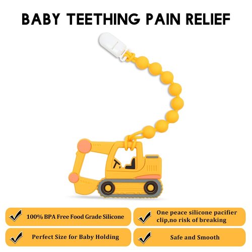 Baby Food Grade Silicone Carrier Vehicle Teether Toy with One Piece Design Pacifier Clip Holder,Teething Pain Relief Toys Gift Set for 3 Months+ Boys and Girls,Freezer Safe,BPA Free. (Excavator)
