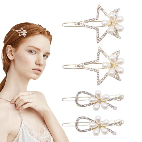 4Pcs Gold Rhinestone Pearl Hair Clips Sparkly Star Clips Flower Small Metal Hair Barrettes Decorative Wedding Hair Accessories for Women Girls Bride