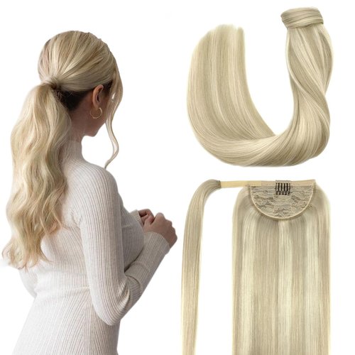 DOORES Hair Extensions Ponytail Extension Human Hair Balayage Ash Blonde Highlighted Platinum Blonde 18 Inch 80g Ponytail Extension Human Hair Straight Wrap Around Hairpieces Ponytail hair Extensions