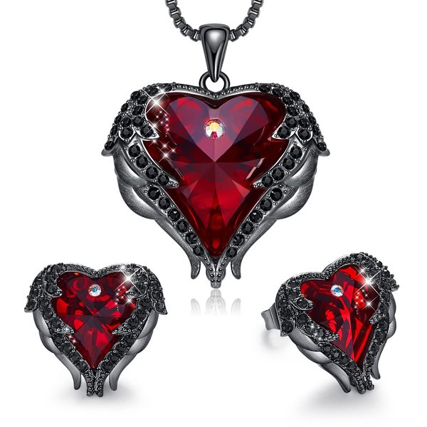 CDE Women Jewelry Set Embellished with Crystals from Swarovski Dark Red Pendant Necklace and Studs Earrings Love Heart Pendant Angel Wing Necklace Women Jewelry Gift for Mothers Day