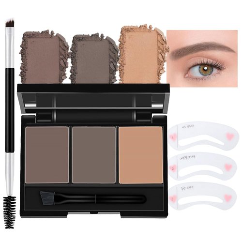 Kaely 3 Colors Eyebrow Powder with Brow Brush,Eyebrow Contouring Palette for Beginners,Waterproof Brow Stamp Stencils Makeup Kit,cejas maquillaje,02-BLACK BROWN+BLACK GREY+LIGHT BROWN