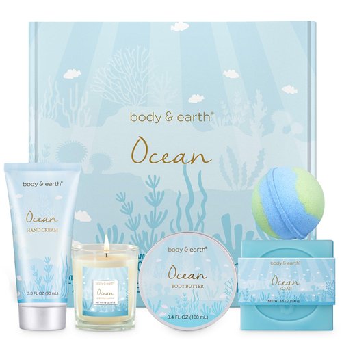 Gifts for Women, Bath and Body Gift Sets for Women with 5 Pcs Ocean Scented Spa Gifts for Women, Bath Gifts for Women with Scented Candle Body Butter Hand Cream Bath Bomb Womens Gifts for Christmas
