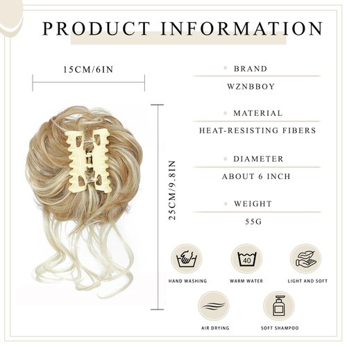 WZNBBOY Messy Bun Hair Piece Claw Clip Synthetic Chignon Tousled Updo with Tendrils Hair Extensions Hair Bun Curly Wavy Faux Hair Bun Hair Scrunchies Hair Accessories for Women (Blonde Mixed)