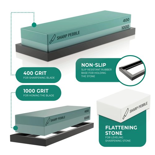 Sharp Pebble Premium Whetstone Knife Sharpening Stone 2 Side Grit 400/1000 Wetstone Kit -Wet Stone Kitchen Knife Sharpener with Flattening Stone & NonSlip Rubber Base