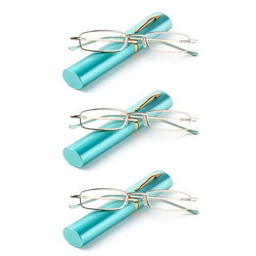3 Packs Nebee Fashion Pocket Readers Ultra Slim Compact Reading Glasses Spring Temple w/Portable Nebee Fashion Pocket Clip Aluminum Case Teal +1.75
