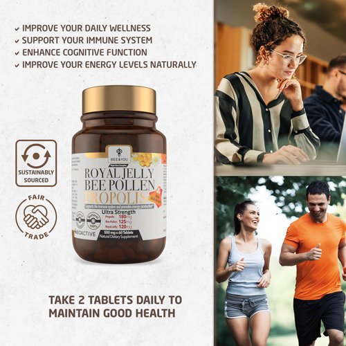 BEE and You Royal Jelly + Propolis + Bee Pollen Chewable Tablets - High Potency - No Artificial Flavor/Preservatives - No Added Sugar- No Soy/Milk/Gelatin/GMO/Gluten, 500 mg x 60 Tablets