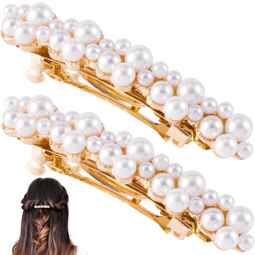 OIIKI 2PCS Pearl Hair Snap Clips for Wedding, Elegant Pearl Barrettes with Pins for Women, Brides, Parties, Daily Use - Gold