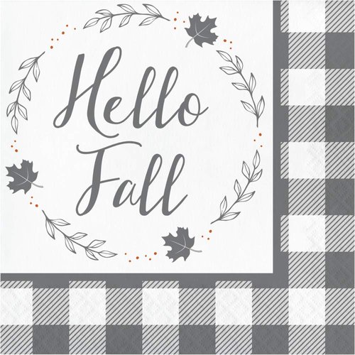 Hello Fall Paper Napkins, Thanksgiving Napkins, Table Decor Fall Decor, Buffalo Plaid Farmhouse Fall Decor, Disposable Party Napkins 6.5" x 6.5" Pk 32