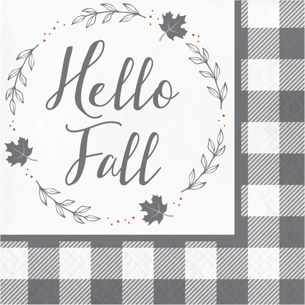 Hello Fall Paper Napkins, Thanksgiving Napkins, Table Decor Fall Decor, Buffalo Plaid Farmhouse Fall Decor, Disposable Party Napkins 6.5" x 6.5" Pk 32