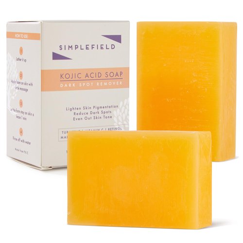 SimpleField Turmeric Kojic Acid Soap - Reduce Dark Spots. Natural Oils with Vitamin C, Retinol and Vitamin E - Gentle & Moisturizing for Face and Body (2 Pack)