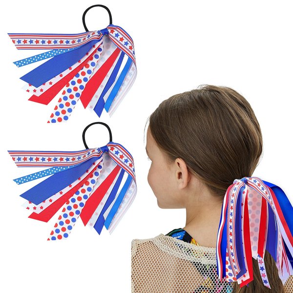 Patriotic Hair Scrunchies for Hair - 2Pcs American Flags Hair Ties Red White and Blue Hair Ribbon Hair Elastics Bands Ponytail Holders 4th of July Hair Accessories for Women Girls Independence Day