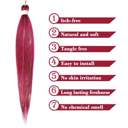 Savasana Rose Red with Tinsel Pre stretched Braiding Hair, 26 Inches Kanekalon Box Braids Hair Extensions, 3 Packs Yaki Texture Braiding Hair Pre stretched