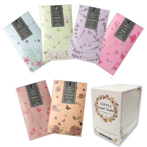LIFFLY 14 Packs Scented Sachets Bag for Drawers and Closets Long-Lasting Home Fragrance Sachet Lavender Rose Jasmine Ocean Vanilla Sandalwood 6 Different Scent Gift Box