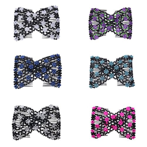 LOVEF 6 Pcs Effortless Beauty Stretchable Double Combs Upzing Medium Magic Beaded Double Hair Clips Hair Jewelry Assorted Color and Design