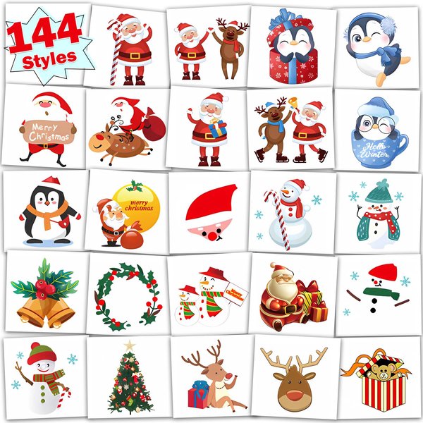 Christmas Temporary Tattoos for Kids Stocking Stuffers, 144 pcs Christmas Decorations Tattoos Stickers for Boys and Girls, Xmas Tattoos for Christmas Party Favor Xmas Gift Bags Stuffers