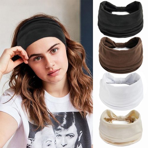 QDTK 4PCS Headbands for Women Solid Color Hair Band Headwraps Non Slip Elastic Sweat Stretchy Twisted Soft Fabric Head Band Supplies for Workout Yoga Running Sport Thin Hair Wrap for Girls