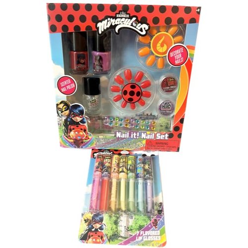 Zag Miraculous Ladybug Nail Polish Set and Lip Gloss Bundle- Includes 3 Nail Polishes, 2 Glitter Pots, 20 Faux Nails and Gemstone Sticker Sheet with 7 Flavored Lip Glosses, Medium