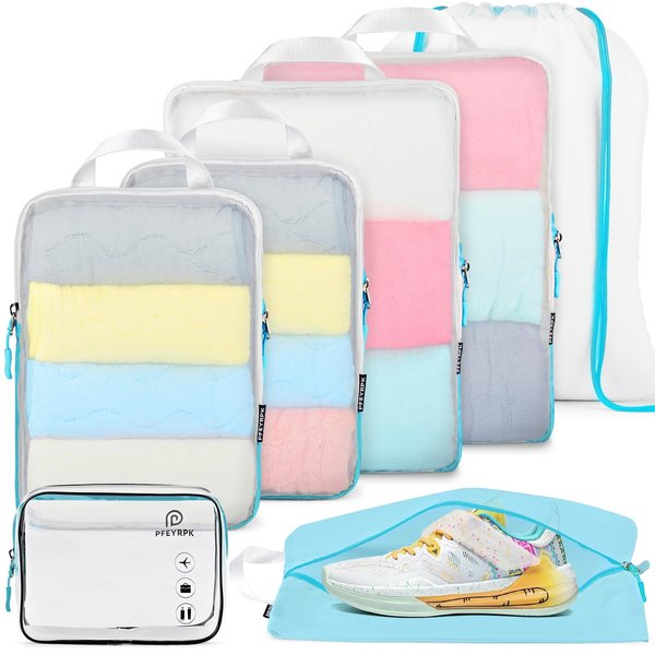 PFEYRPK Compression Packing Cubes for Suitcase,Expandable Packing Cubes Compression for Travel, 7 Set with Clear Toiletries Shoe Bag and Backpack Bag Travel Organizer Cubes for Travel Essentials.