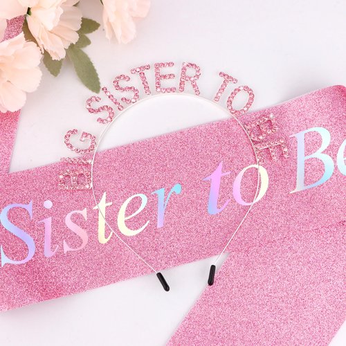 Chanaco Big Sister Gifts for Girls Pink Metal Rhinestone Crown Headband Satin Sash Big Sister to Be Accessory Set Announcement Party Decorations Cute Sibling Gift (Silver)