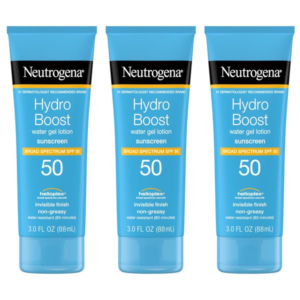 Neutrogena Hydro Boost Water Gel Moisturizing Sunscreen Lotion, Broad Spectrum Sunblock SPF 50, Water Resistant Travel Size Sunscreen For Sensitive Skin, 3 FL OZ (3-Pack)