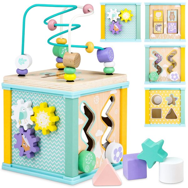 Wooden Activity Cube Montessori Toys for 1 2 3 Year Old Baby Toys 12 Months Toddlers 1-3 Birthday Gift Boys Girls Sensory Interactive Learning Toys
