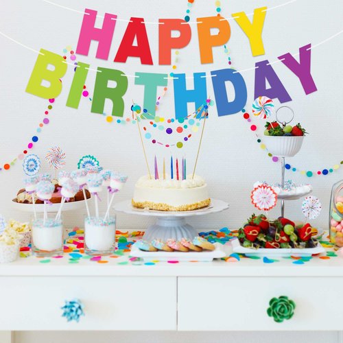 Pre-Strung Happy Birthday Banner - NO DIY - Colorful Birthday Party Banner - Pre-Strung Garland on 8 ft Strands - Bold Multi Color Rainbow Birthday Party Decorations & Decor. Did we Mention no DIY?