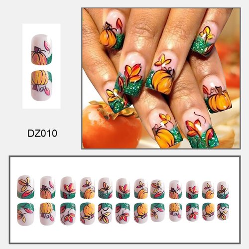 LRKNNO Fall Press on Nails Square Medium Fake Nails with Maple Leaf Pumpkins Design Green Glitter French Tip False Nails Fall Glue on Nails Thanksgiving Glossy Acrylic Nails for Women Girls DIY 24Pcs