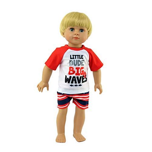 American Fashion World Boy’s Big Waves Rash Guard and Swim Trunks Set for 18-Inch Dolls | Premium Quality & Trendy Design | Dolls Clothes | Outfit Fashions for Dolls for Popular Brands
