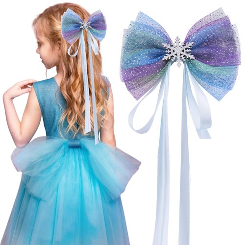 Snowflake Hair Clips Ice Snow Ribbon Big Bow Hair Barrettes Sparkling Frozen Snowflake Princess Hair Bow Christmas Hair Accessory for Princess Dress Up Party Birthday (Blue)
