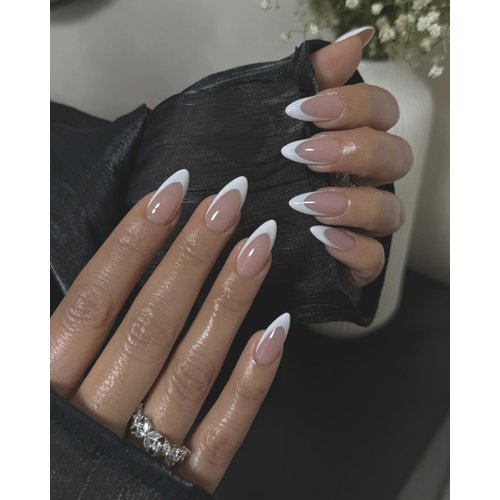 Bellelfin 120Pcs White French Tip Press on Nails Almond Shape Fake Nails, Full Cover Glossy Nude False Nails Acrylic Glue on Nails with 5 Sheets Adhesive Tabs for Women Girls Finger Nails Design