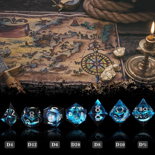 AUSTOR Liquid Core Resin DND Dice Sharp Edge Polyhedral Dice 7-Die DND Dice Set Quicksand Handmade Resin Dice for Dungeons and Dragons RPG MTG Table Games, Blue & Black