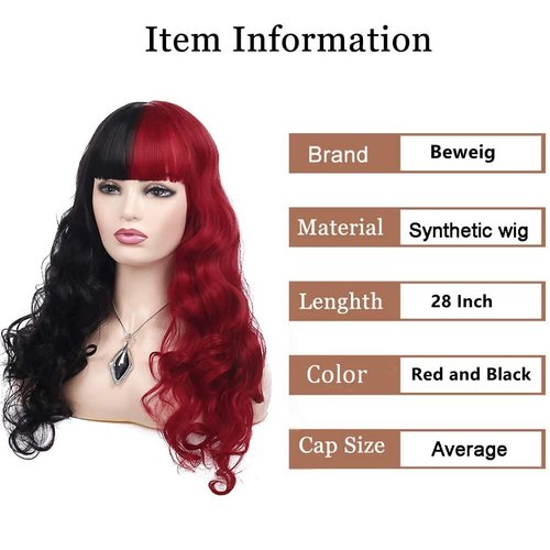 Beweig Half Red Black Wigs with Bangs Long Curly Wavy Cosplay Wig Synthetic Heat Resistant Halloween Costume Wig With Wig Cap