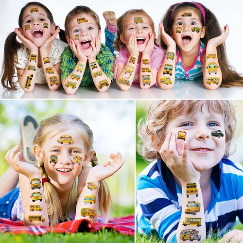 12 Sheets School Bus Temporary Tattoos for Kids, School Bus Birthday Party Supplies Decorations Transportation Stickers Cute Fake Tattoos Party Favors for Children Toddler School Classroom Reward