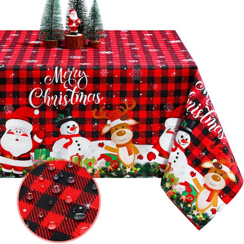 Tiamon Fabric Christmas Tablecloth Table Cover for Rectangle Table, Washable Snowman Santa Claus Table Cloth Decorations for Xmas Winter Holiday Party Supplies (52 x 70 Inch)